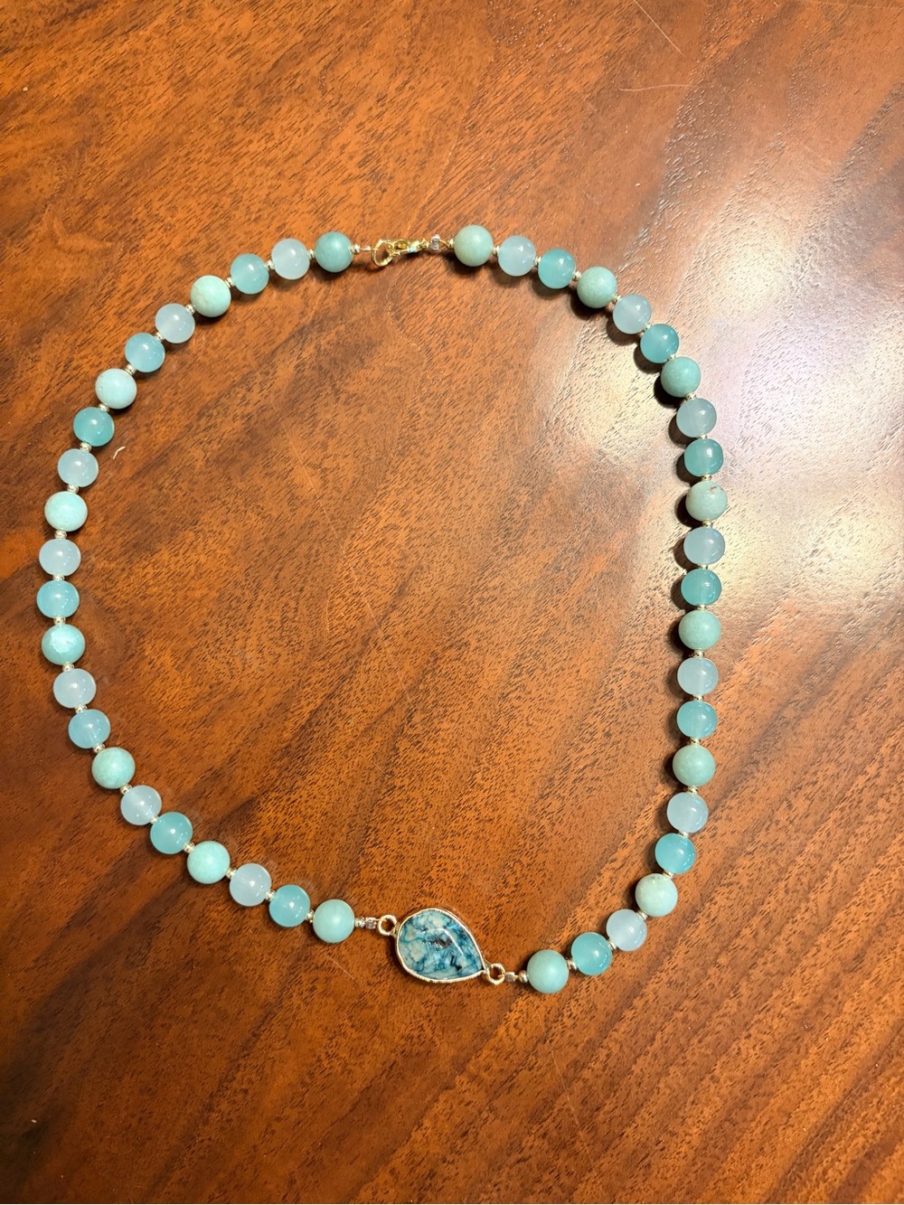 Sage Green & 14KGold Glass Beaded Necklace with Teardrop Pendant - 17.5”